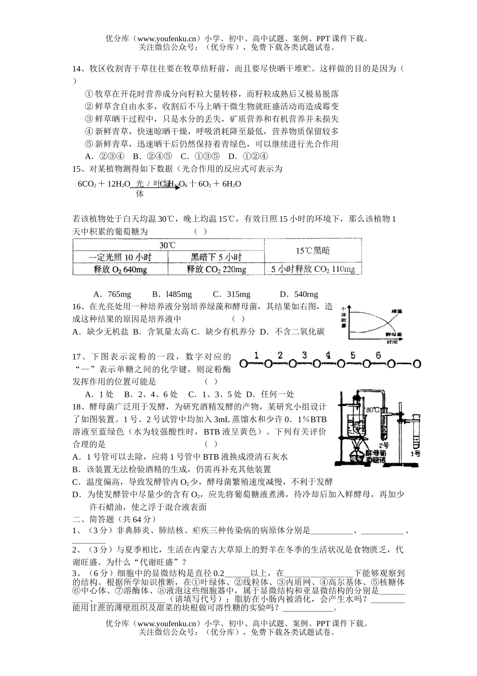高中三年级生物尖子生辅导测1试卷_第3页