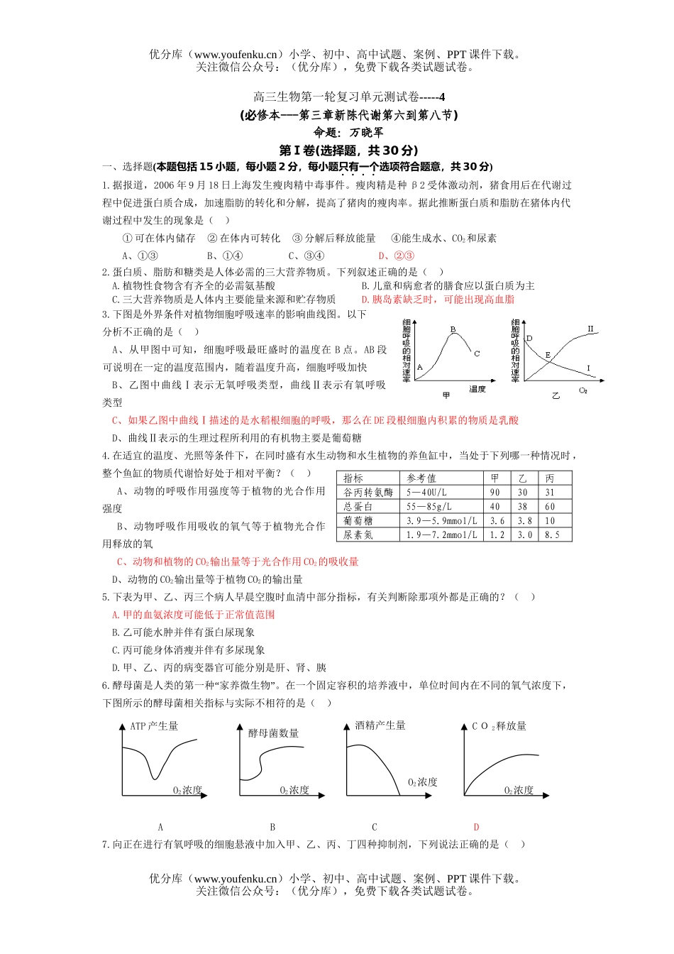 高中三年级生物第一轮复习单元测4试卷_第1页