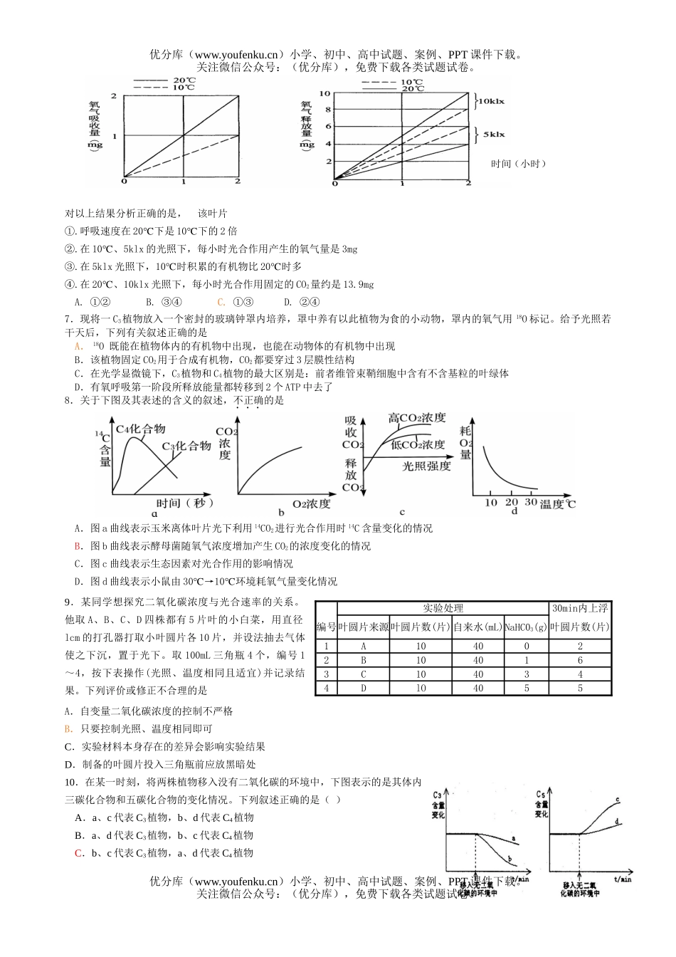 高中三年级生物光合作用与呼吸作用复习题试卷_第2页