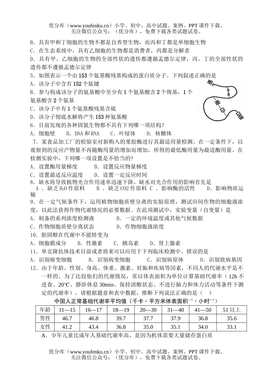 高中三年级生物第二次调研考试卷_第1页