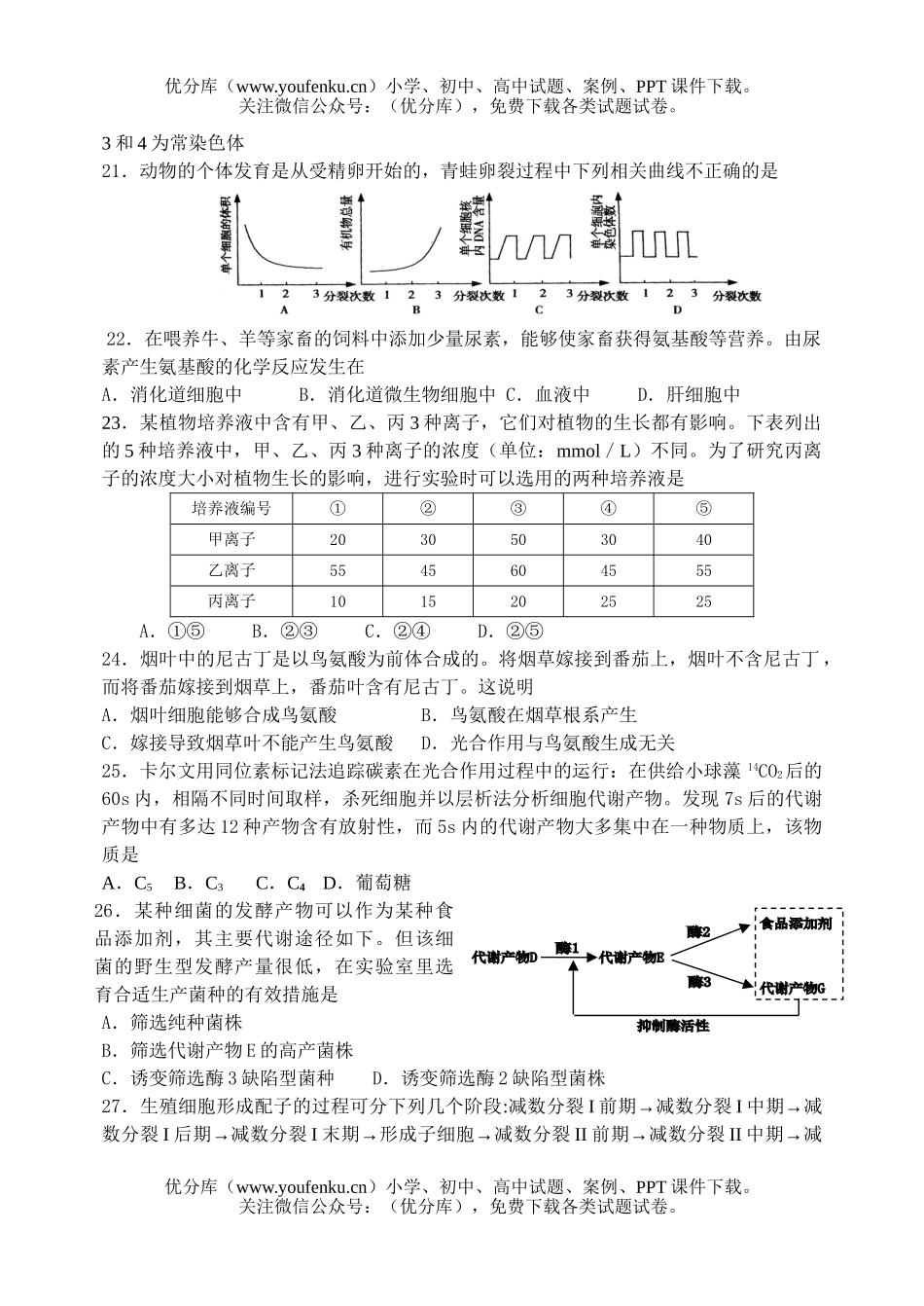 高中三年级生物第二次调研考试卷_第3页