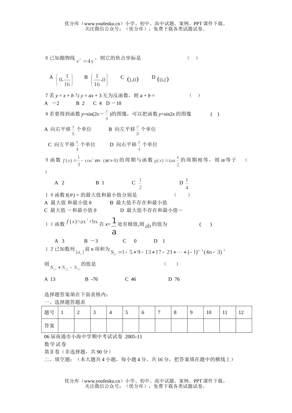 高考数学高考复习南通市小海中学期中考试卷_第2页