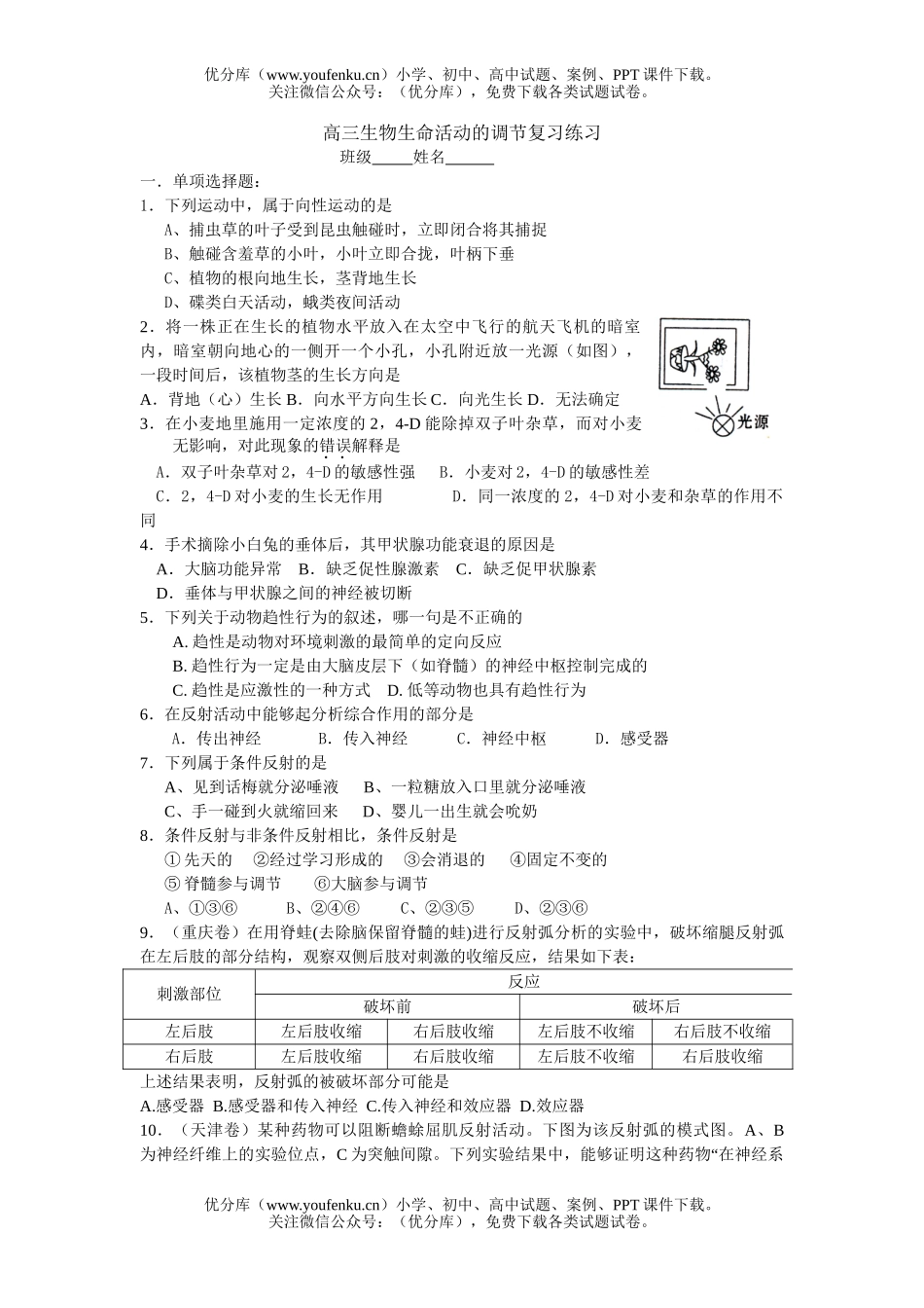 高中三年级生物生命活动的调节练习试卷_第1页