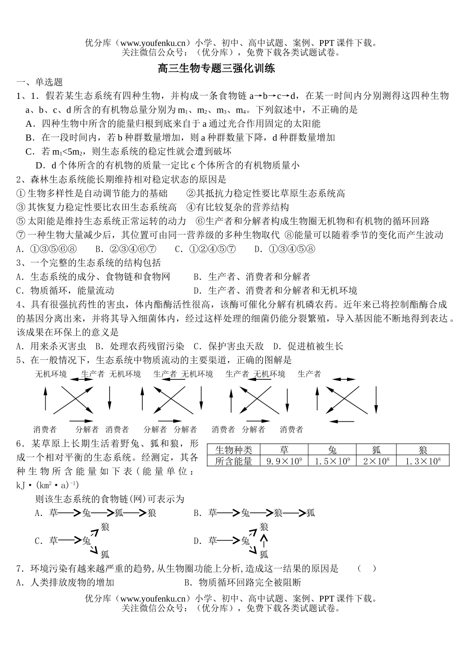 高中三年级生物专题三强化训练试卷_第1页