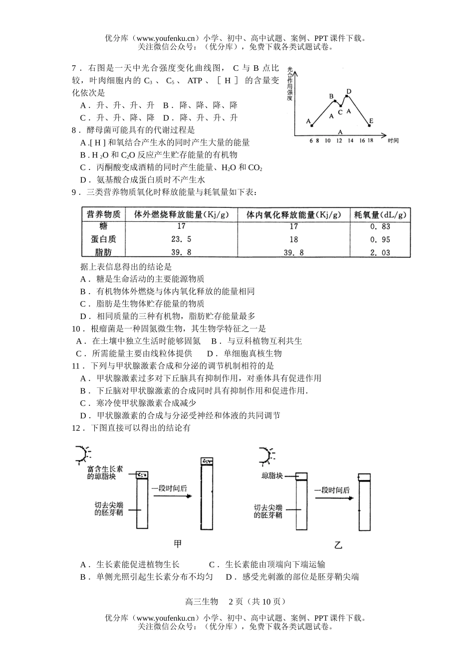高中三年级生物第一学期期末质量调研试卷_第2页