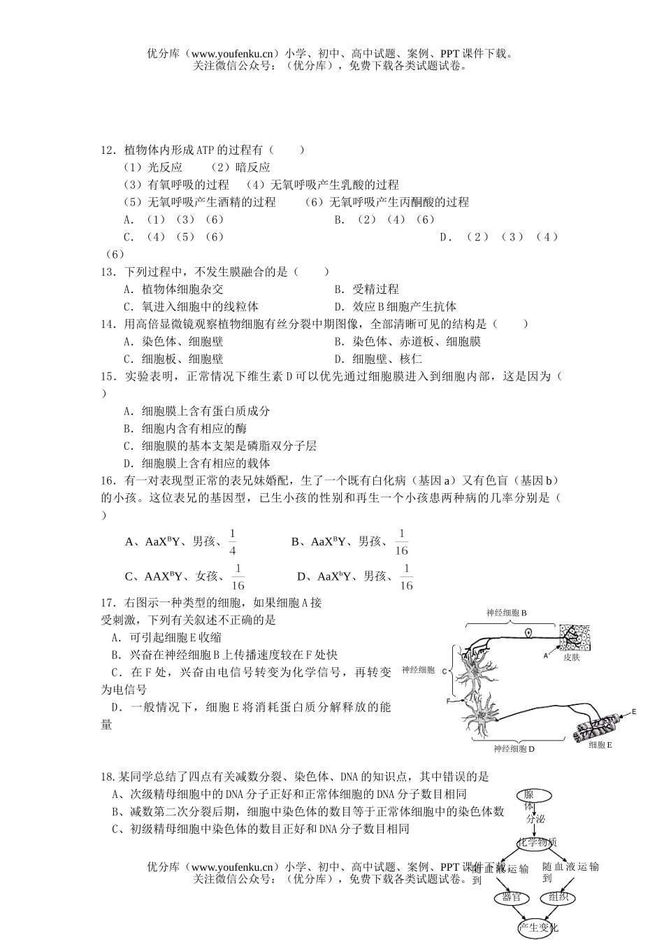 高中三年级生物高六校联考试卷_第3页