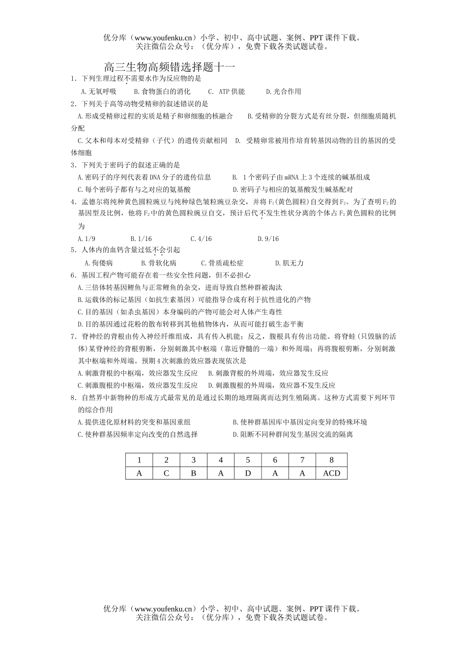 高中三年级生物高频错选择题11试卷_第1页