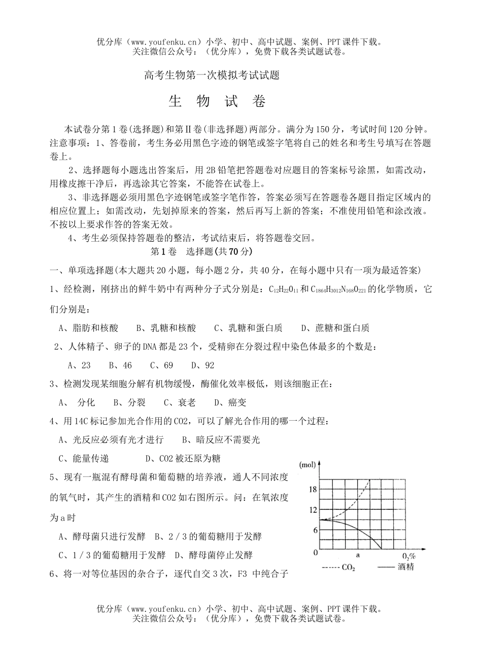 高中三年级生物高考第一次模拟考试卷_第1页