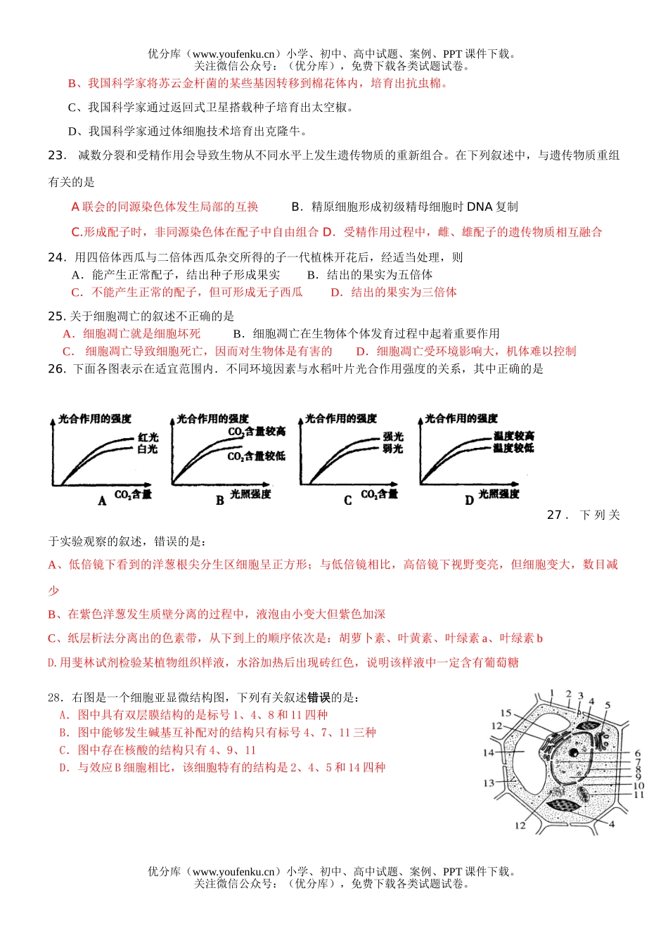 高中三年级生物一模练笔试卷_第2页