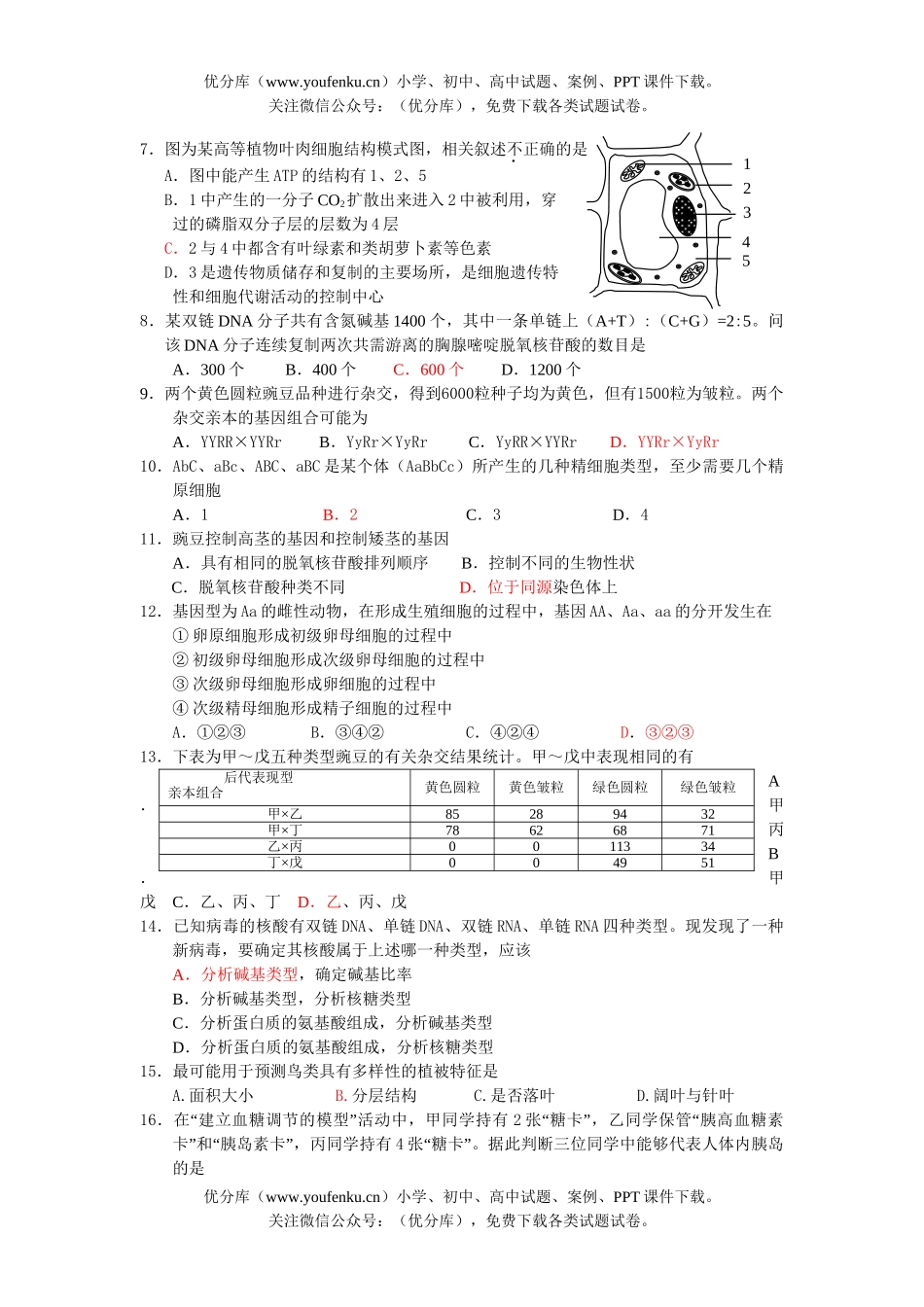 高中三年级生物上学期第二次调研考试卷_第2页