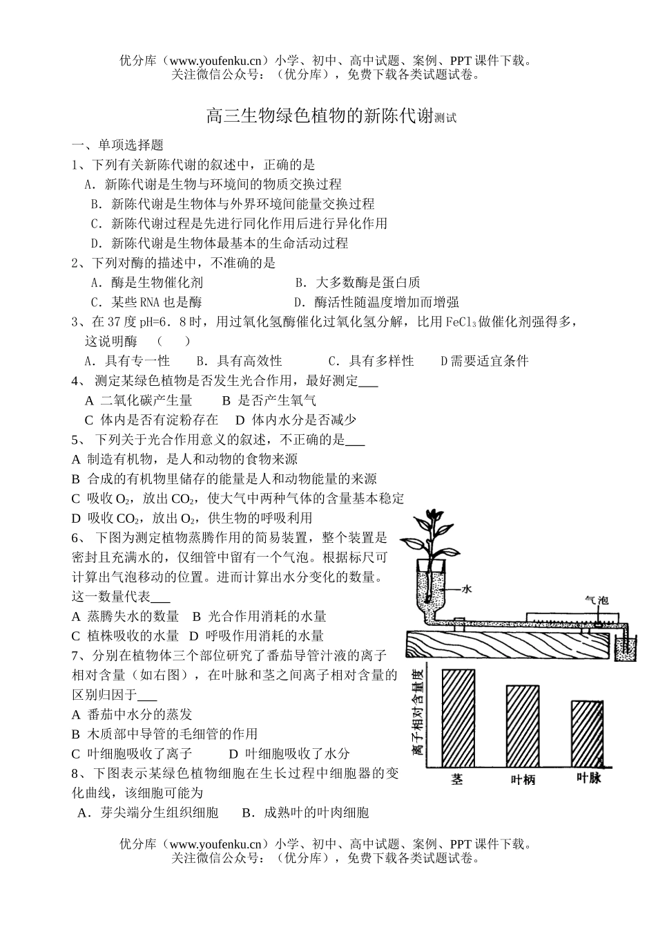 高中三年级生物绿色植物的新陈代谢测试卷_第1页