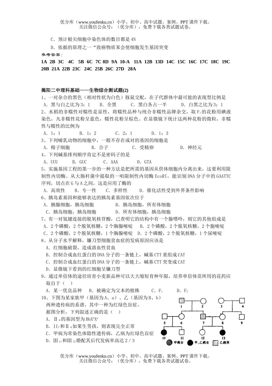 高中三年级生物综合测试卷_第3页