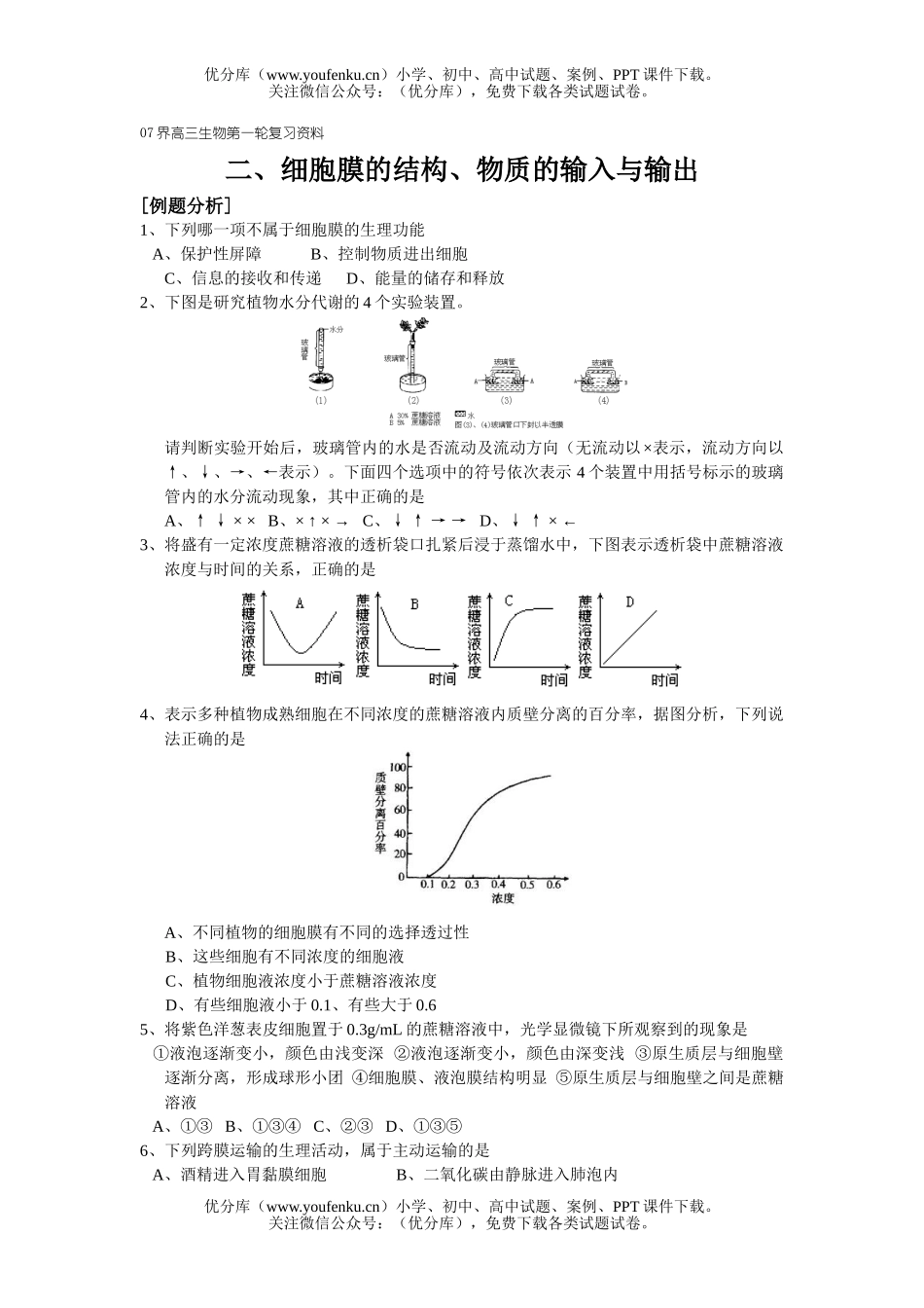 高中三年级生物细胞膜物质的输出入测试卷_第1页