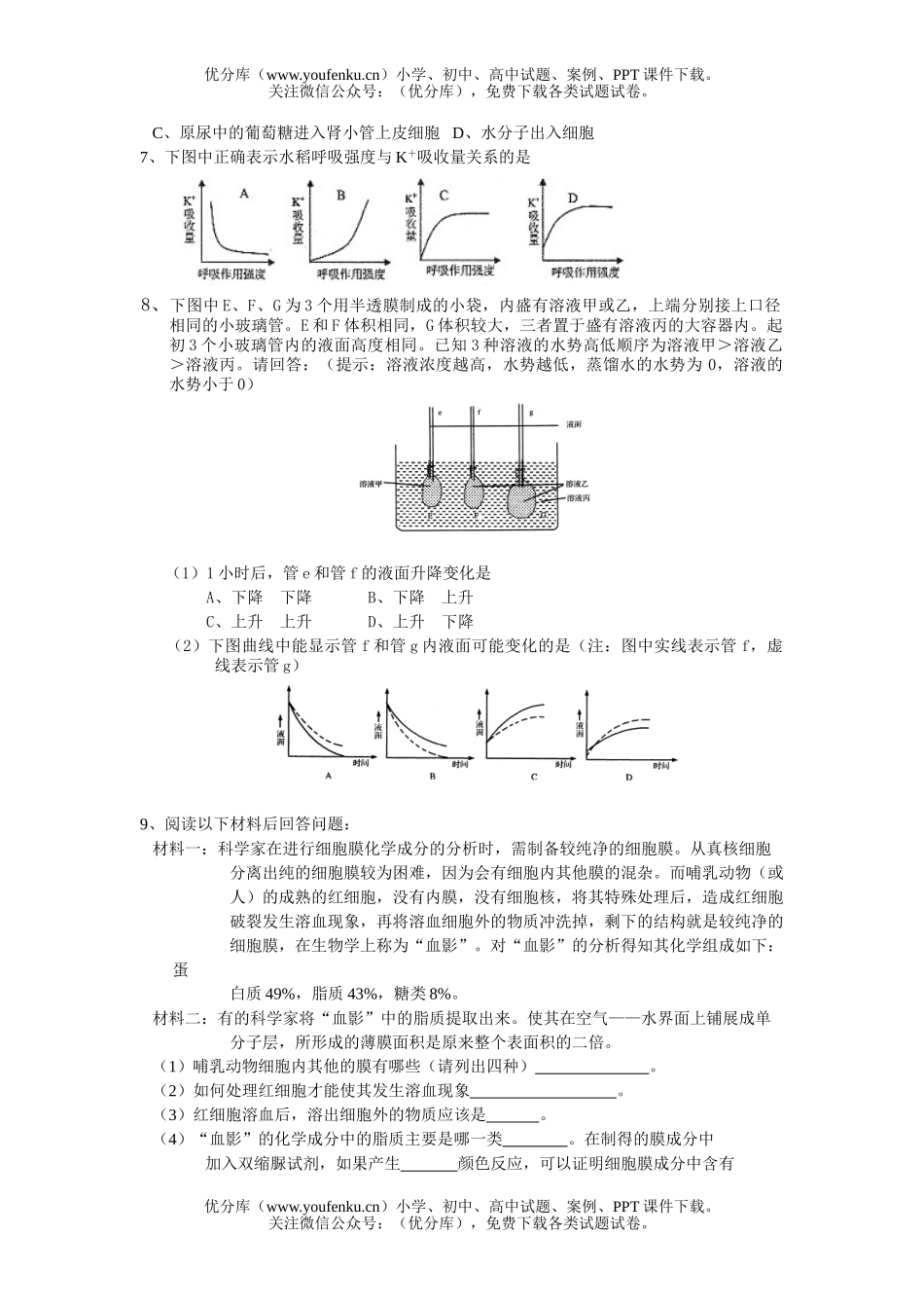 高中三年级生物细胞膜物质的输出入测试卷_第2页