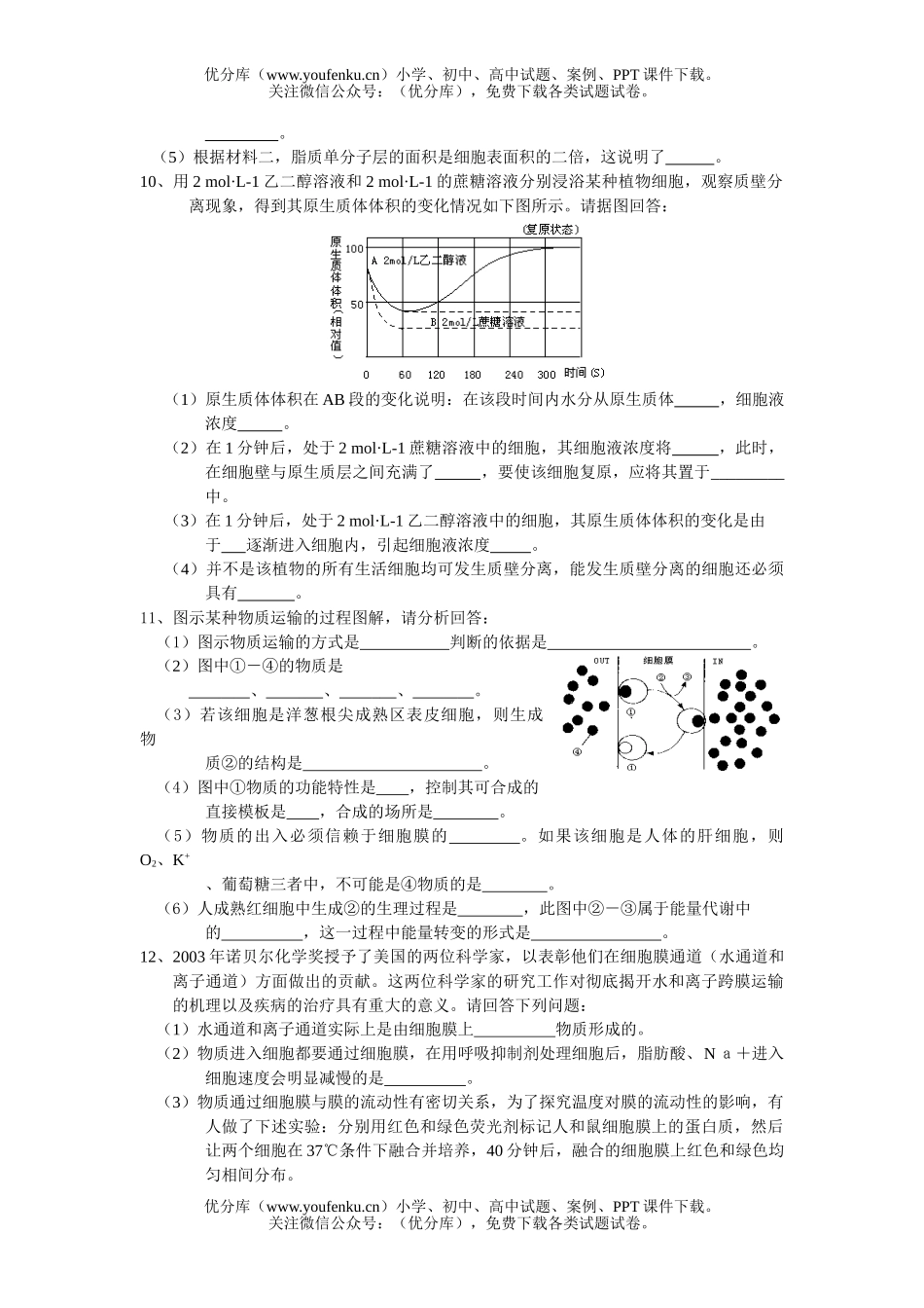高中三年级生物细胞膜物质的输出入测试卷_第3页