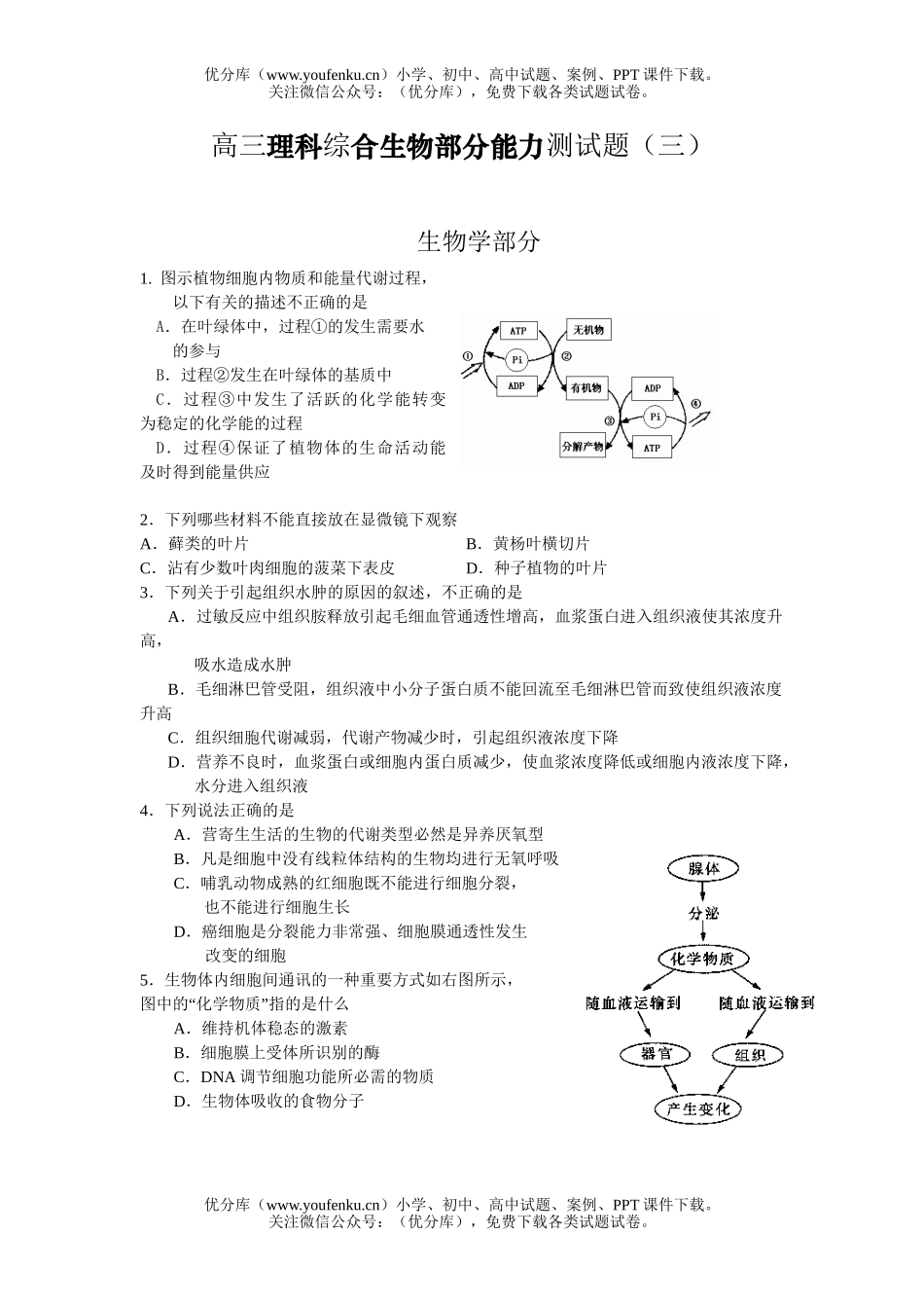 高中三年级生物理科综合部分能力测试卷_第1页