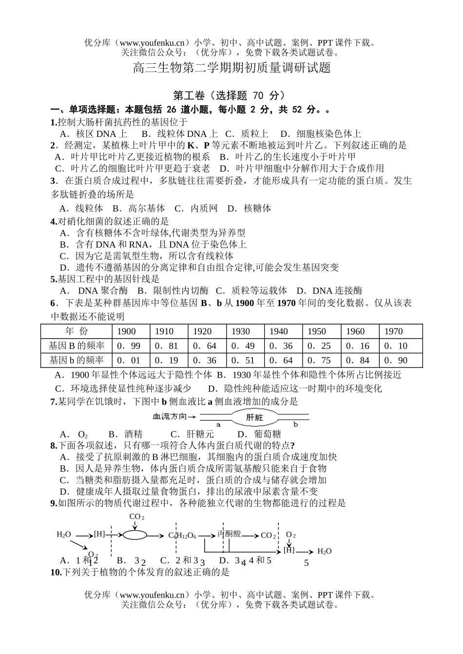 高中三年级生物第二学期期初质量调研试卷_第1页