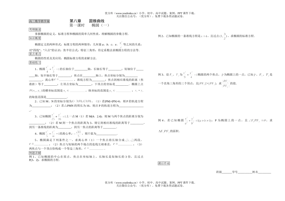 高考数学教学案第八章圆锥曲线试卷_第1页