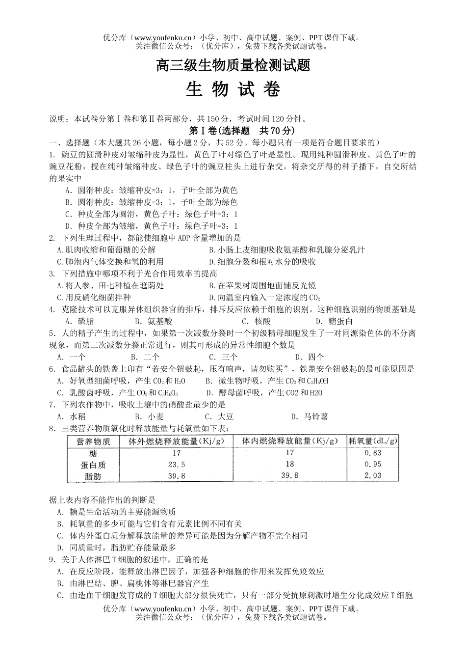 高中三年级生物级质量检测试卷_第1页