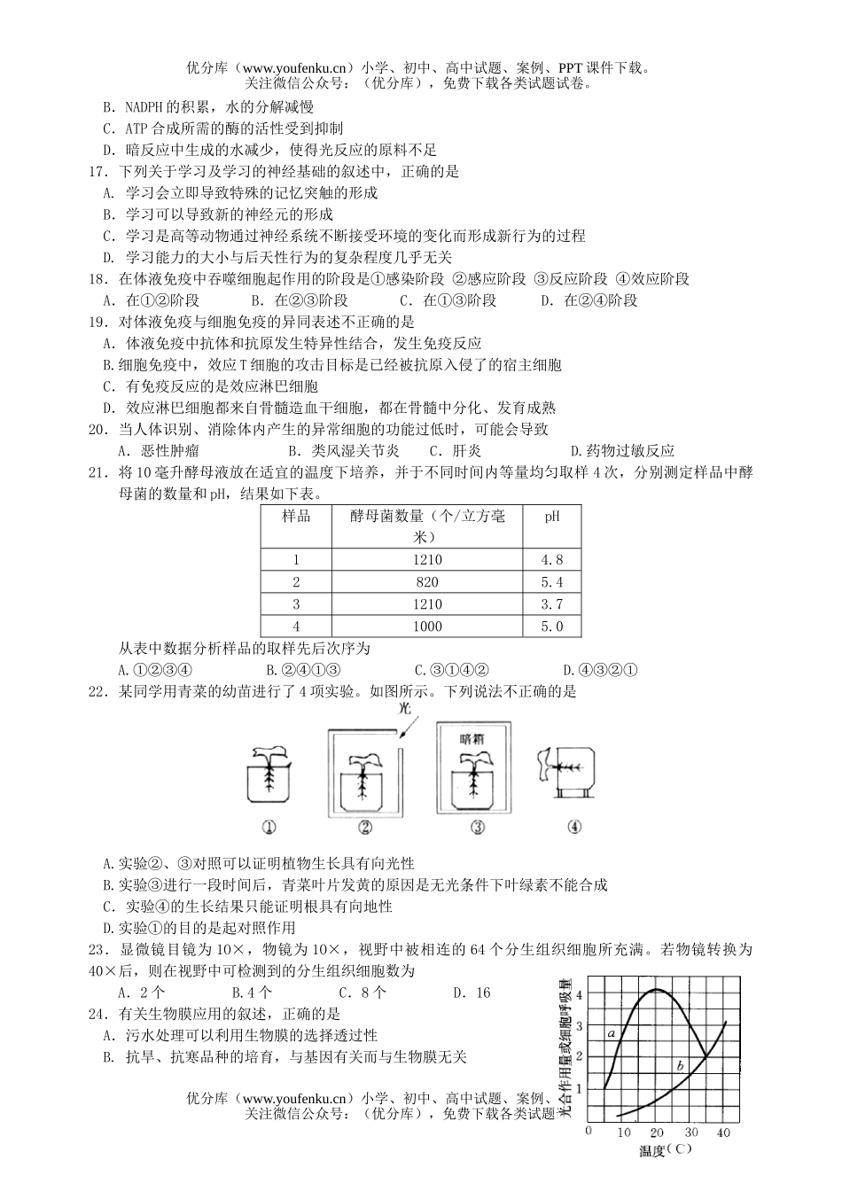 高中三年级生物级质量检测试卷_第3页
