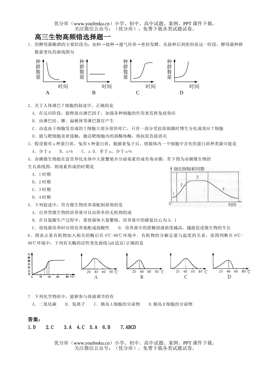 高中三年级生物高频错选择题1试卷_第1页