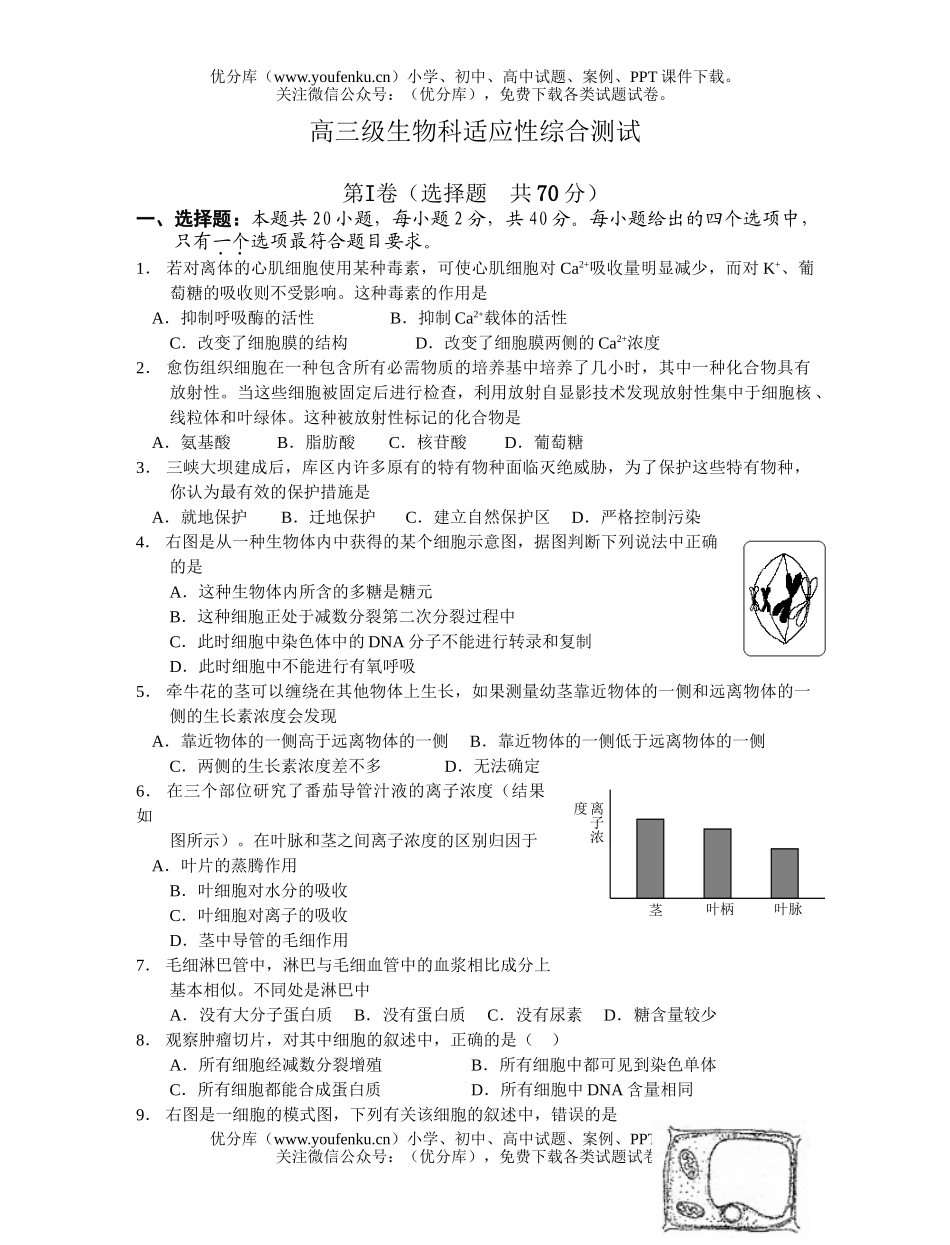 高中三年级生物级科适应性综合测试卷_第1页
