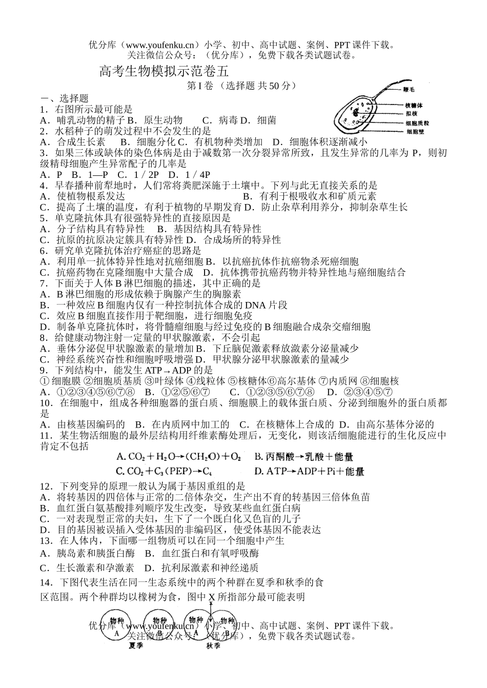 高中三年级生物高考模拟示范卷5试卷_第1页