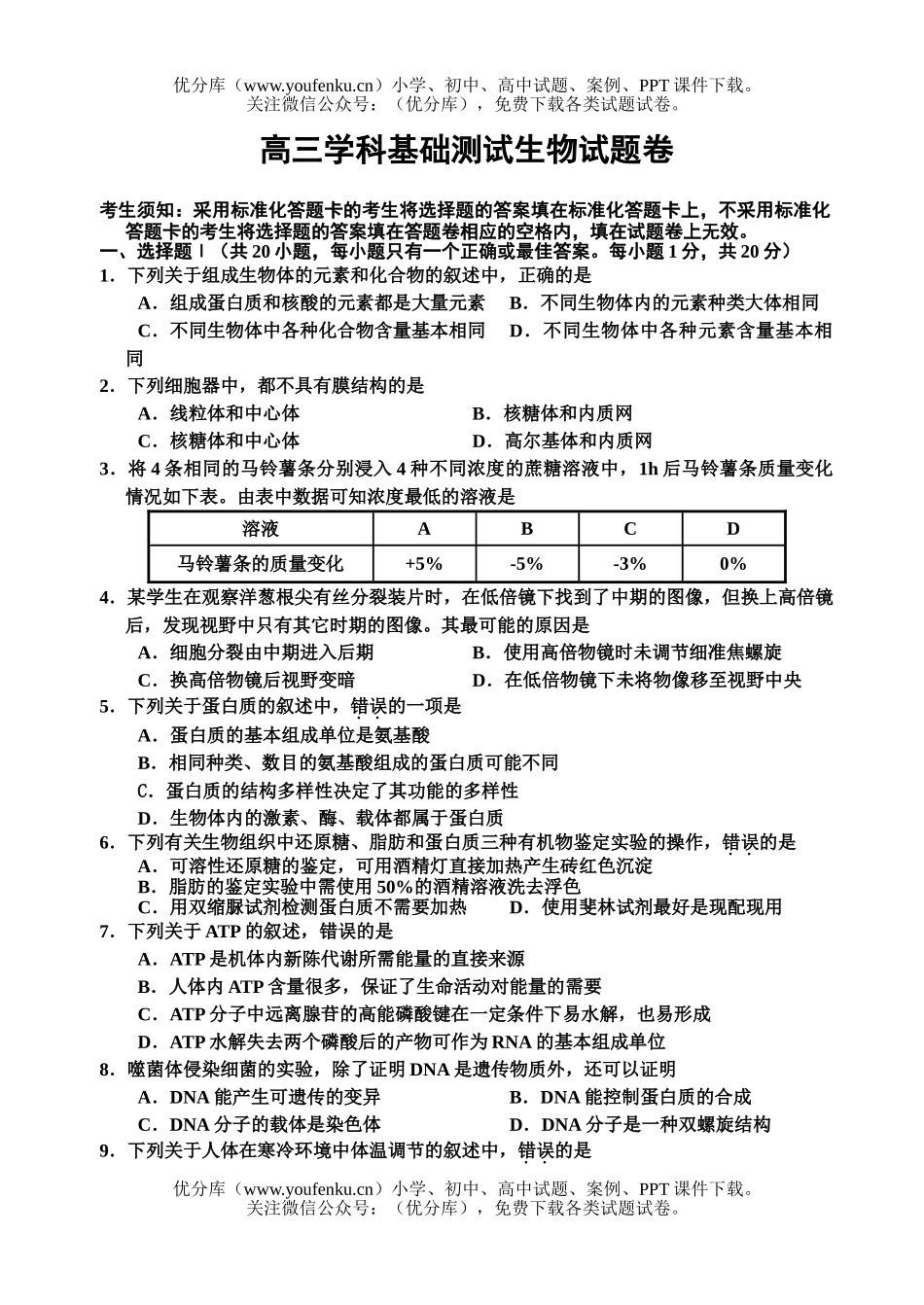 高中三年级生物学科基础测试卷_第1页
