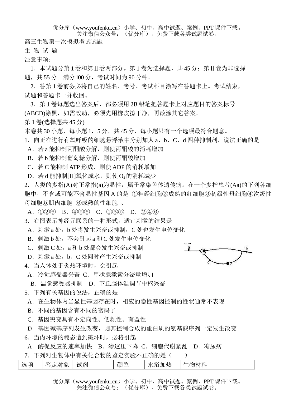 高中三年级生物第一次模拟考试卷_第1页
