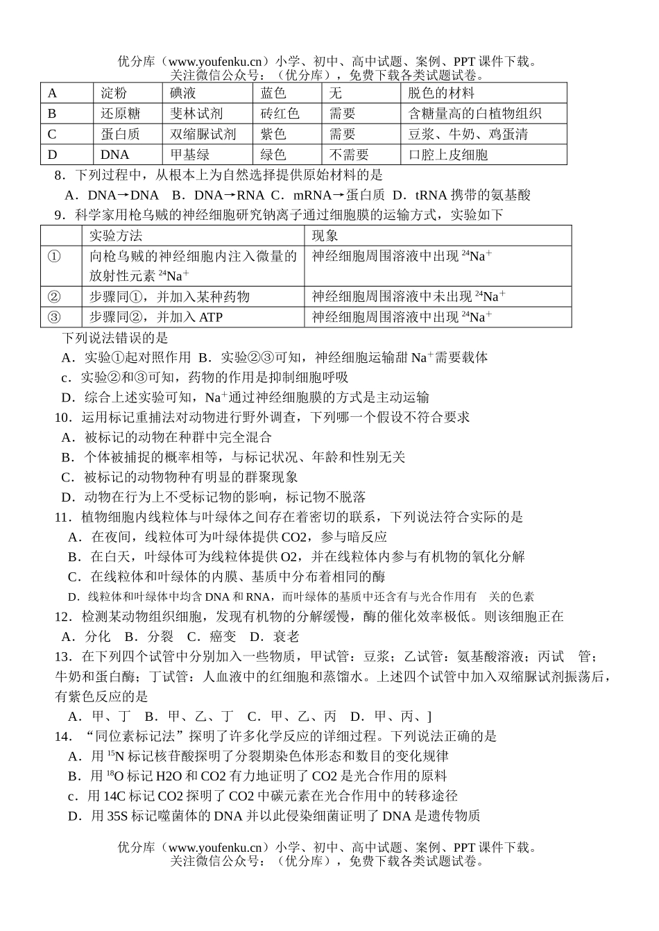高中三年级生物第一次模拟考试卷_第2页