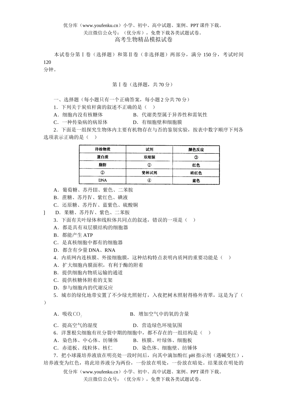 高中三年级生物高考精品模拟1试卷_第1页