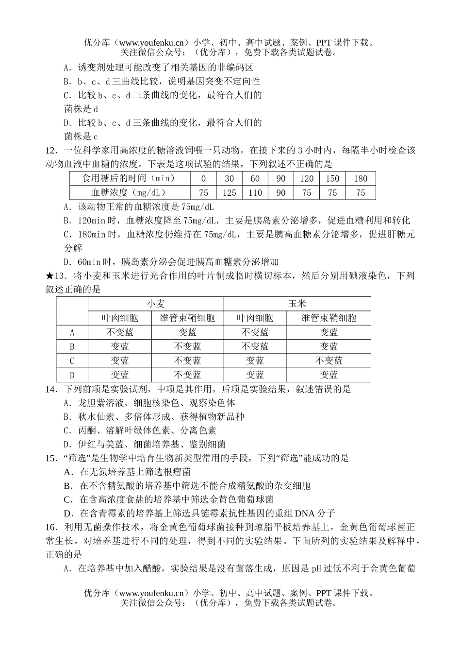 高中三年级生物基础实验测试卷_第3页