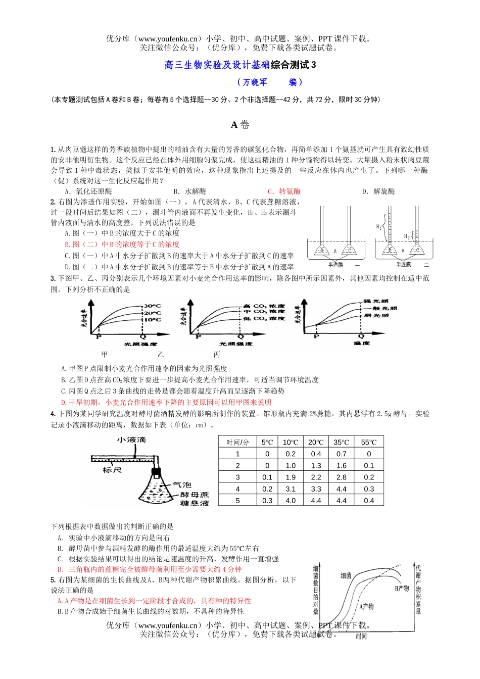 高中三年级生物实验及设计基础综合测试3试卷_第1页