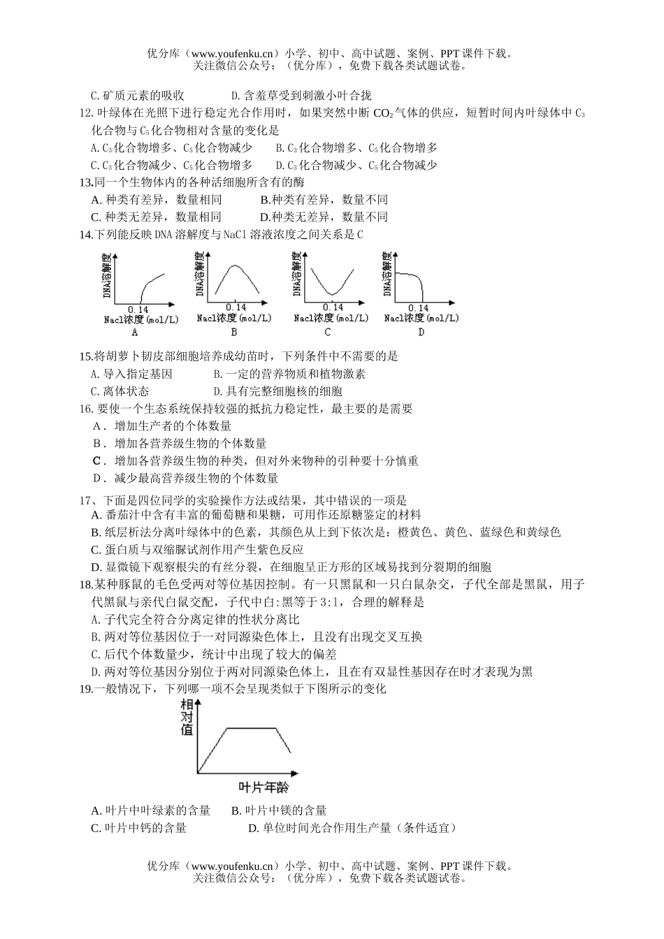 高中三年级生物下册第四次调查测试卷_第2页