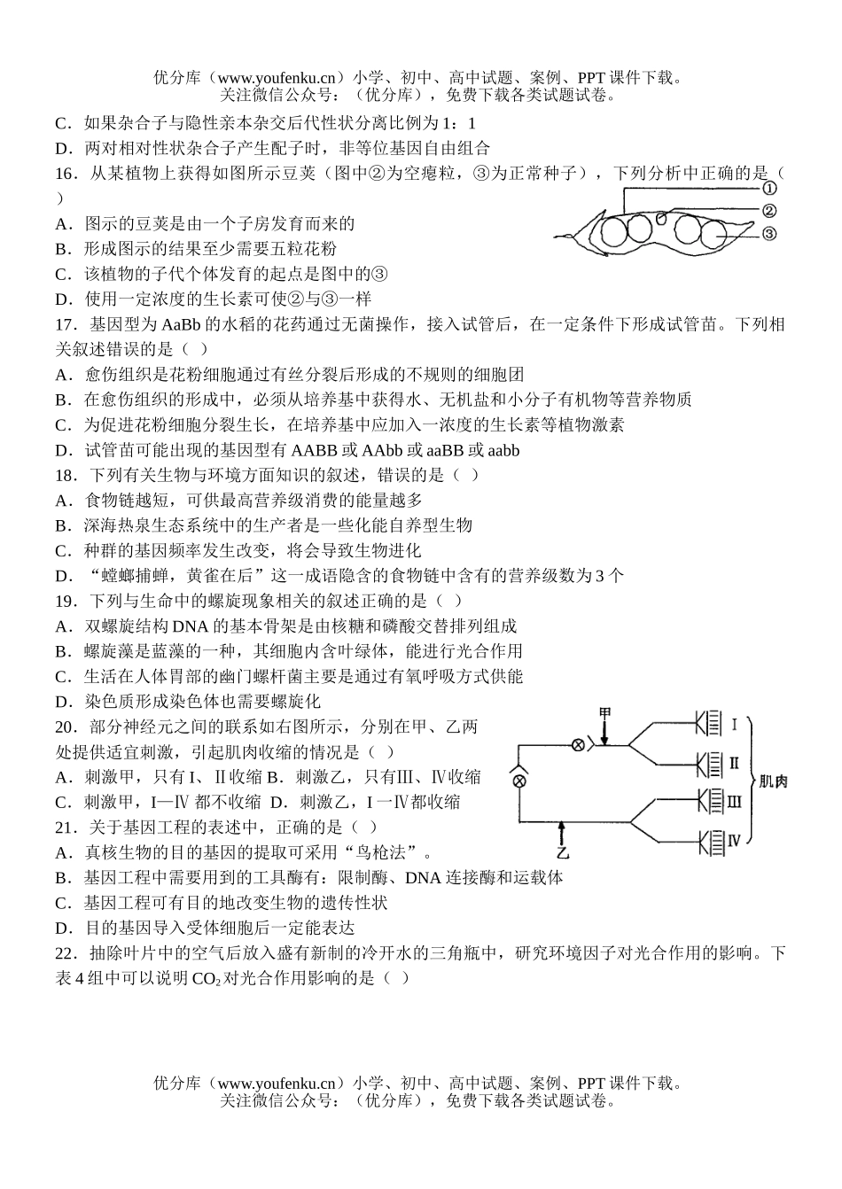 高中三年级生物高考复习开元试卷_第3页