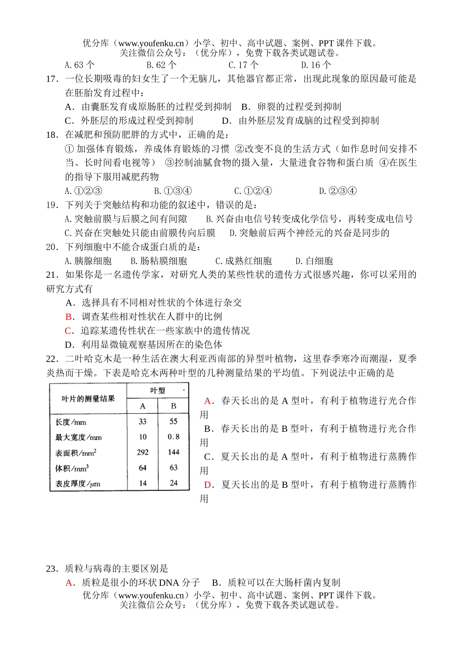 高中三年级生物第五次统一测试卷_第3页