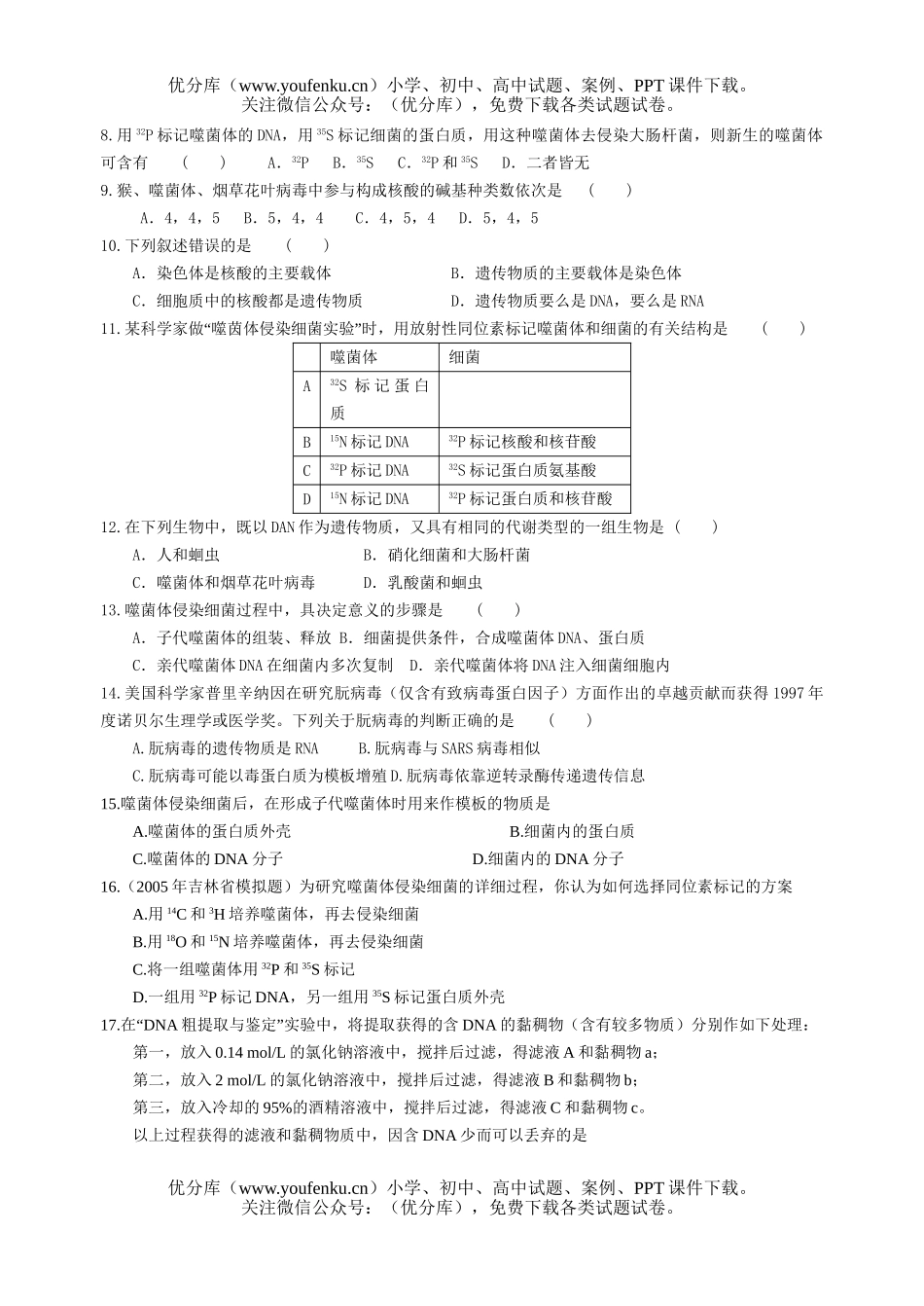 高中三年级生物DNA是主要的遗传物质复习题试卷_第2页