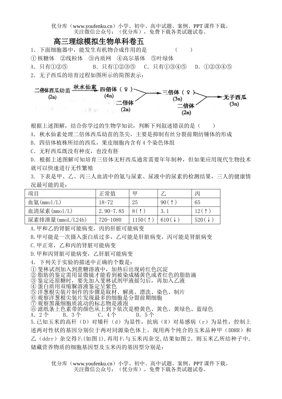 高中三年级生物理综模拟单科卷5试卷_第1页