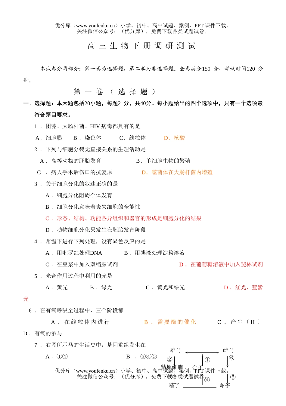 高中三年级生物下册调研测试卷_第1页