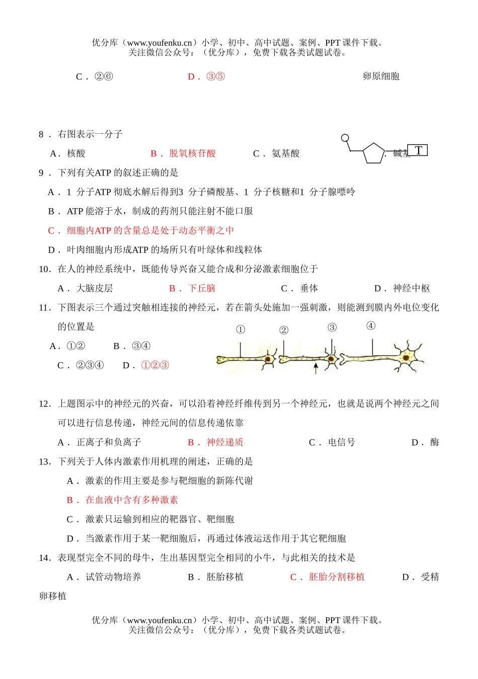 高中三年级生物下册调研测试卷_第2页