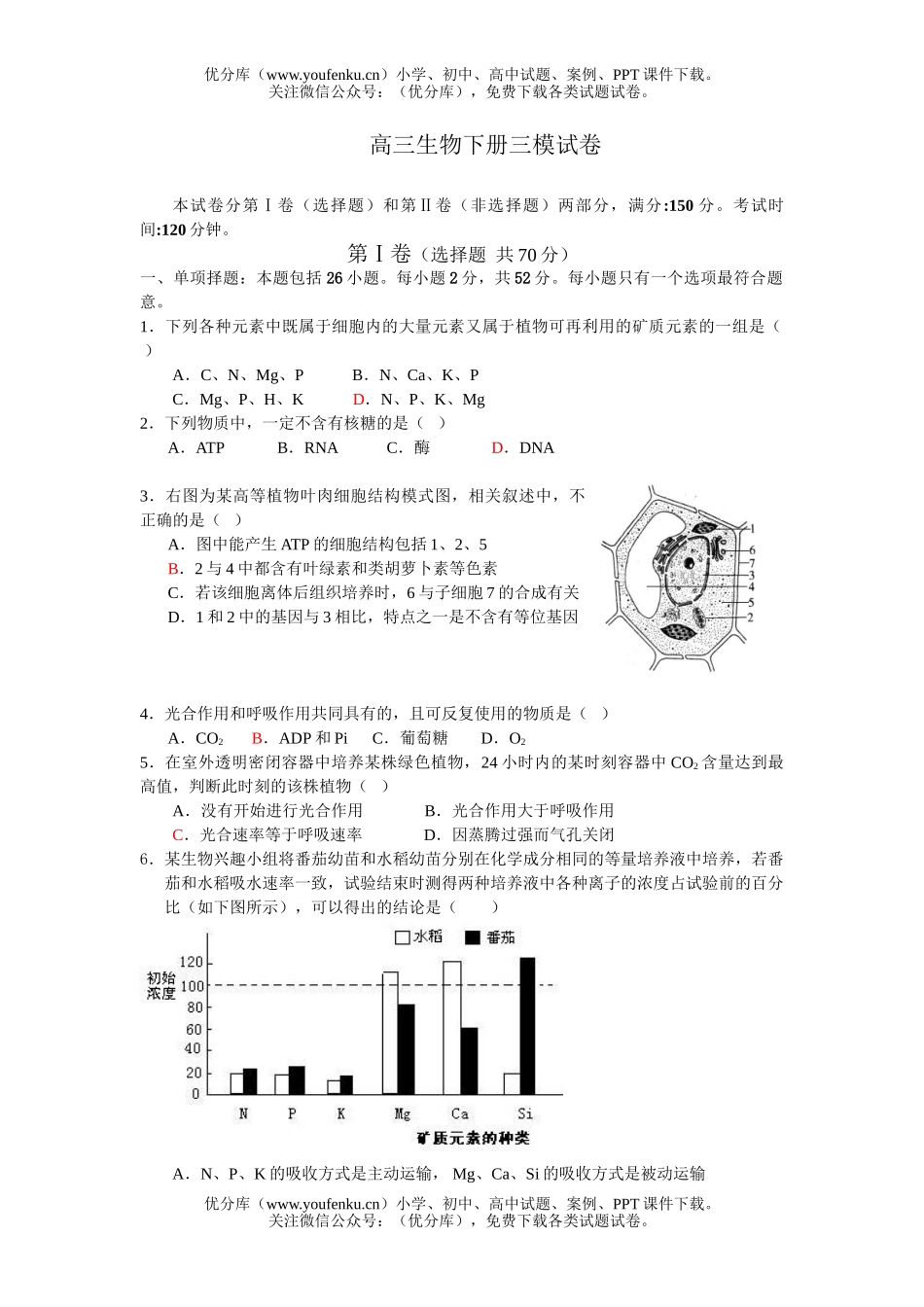 高中三年级生物下册三模试卷_第1页