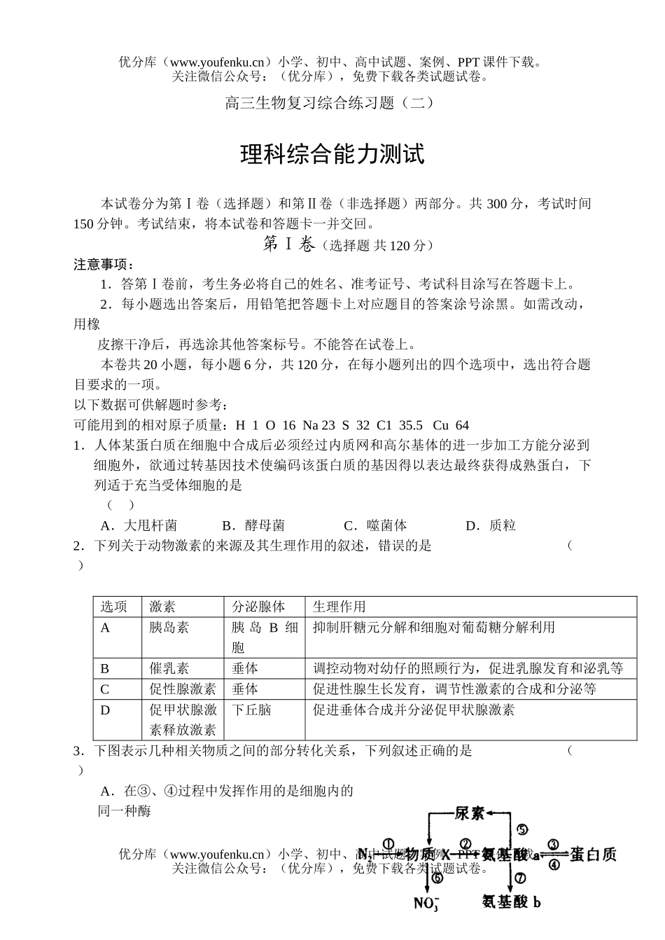 高中三年级生物复习综合练习题试卷_第1页