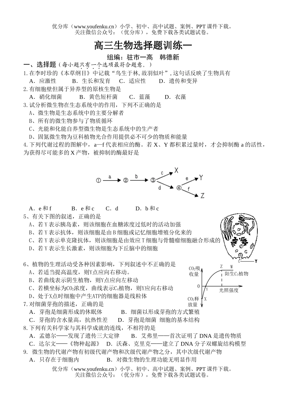 高中三年级生物选择题训练1试卷_第1页