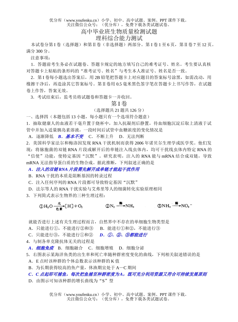 高中三年级生物毕业班质量检测试卷_第1页