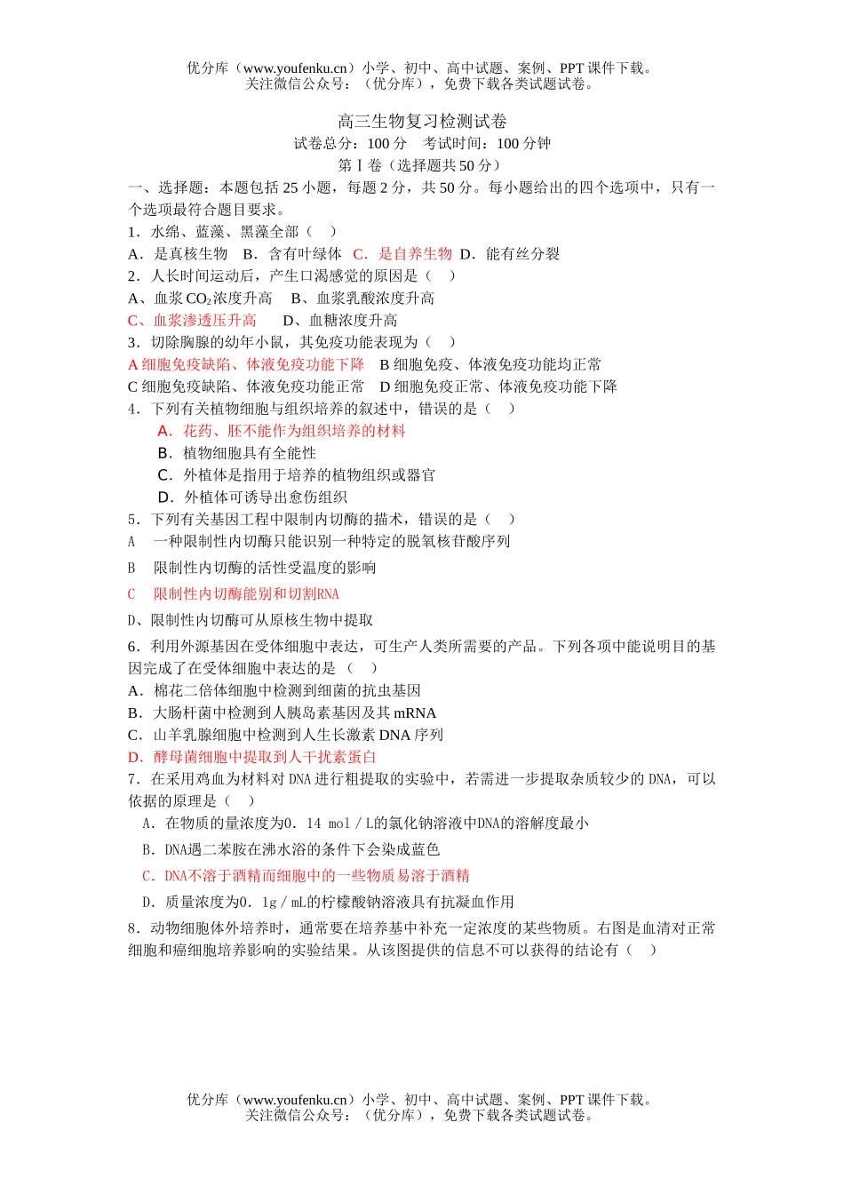 高中三年级生物复习检测试卷_第1页