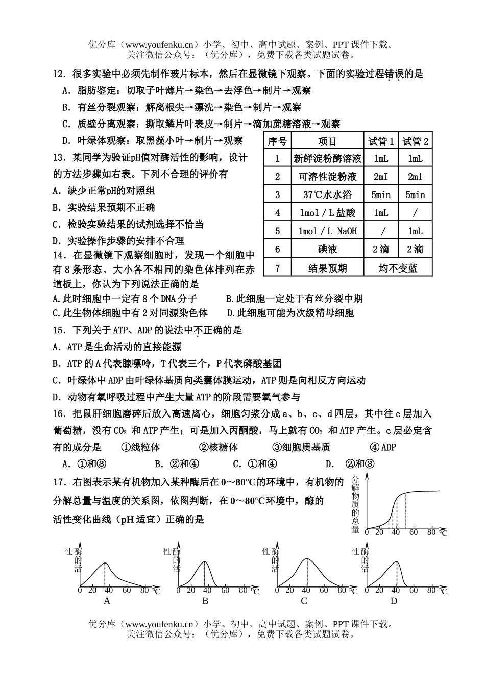 高中三年级生物第一学期月考I试卷_第3页