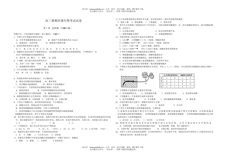 高中三年级生物暑期补课考试卷_第1页