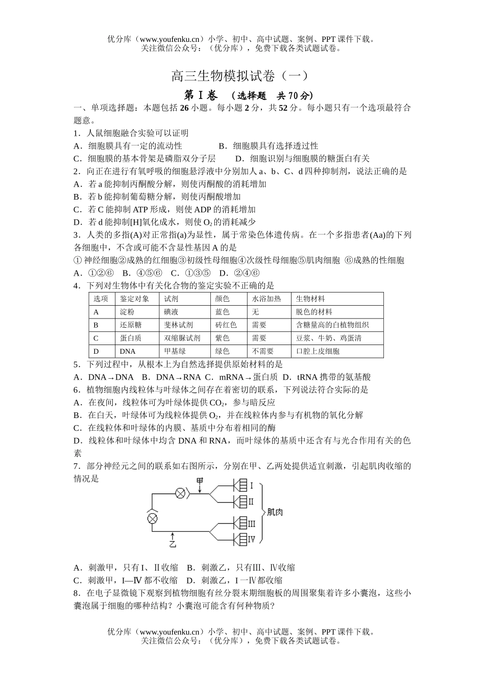 高中三年级生物模拟试卷_第1页