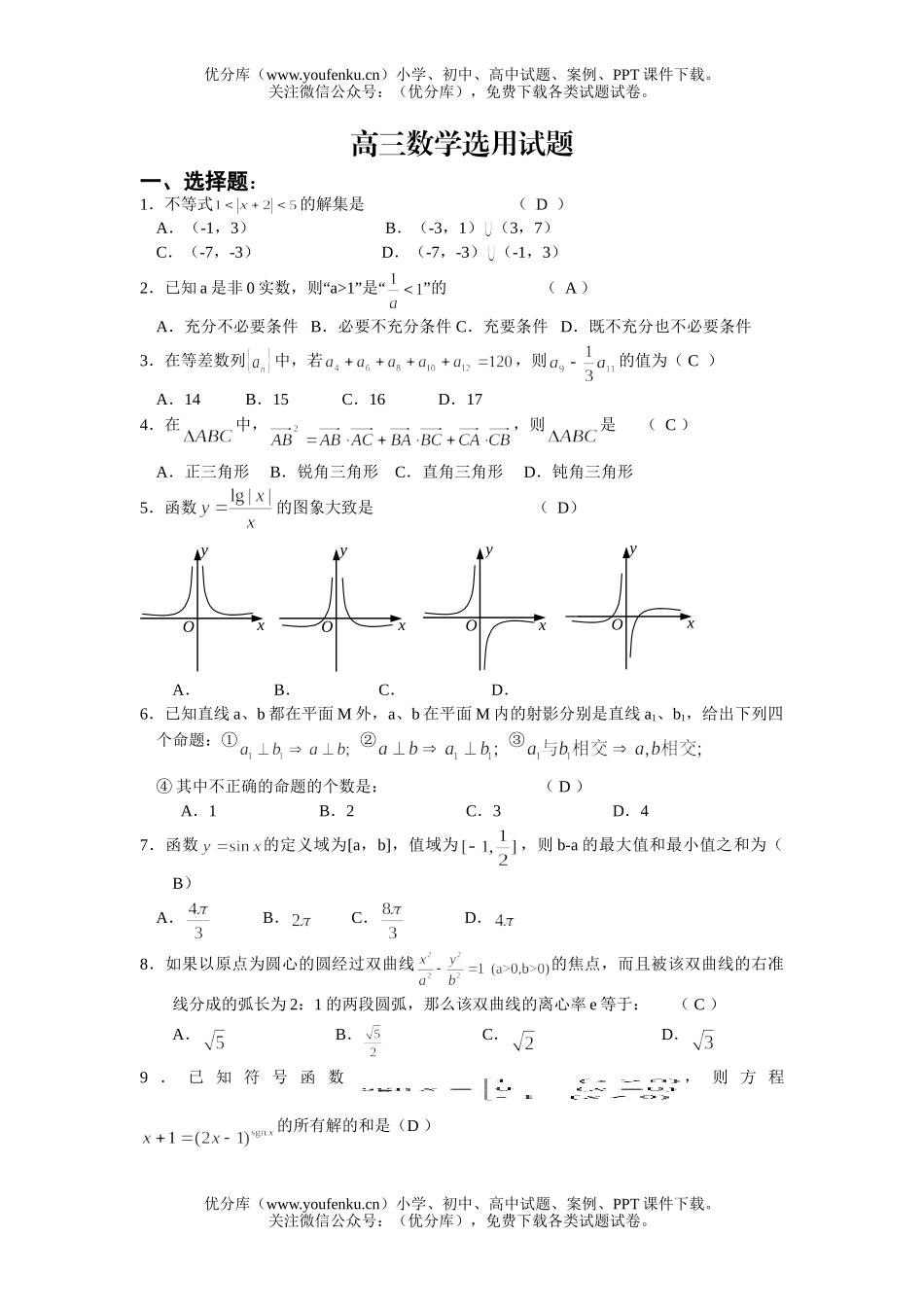 高考数学选用精选试卷_第1页