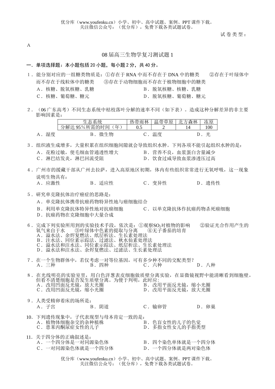 高中三年级生物08届学复习测1试卷_第1页